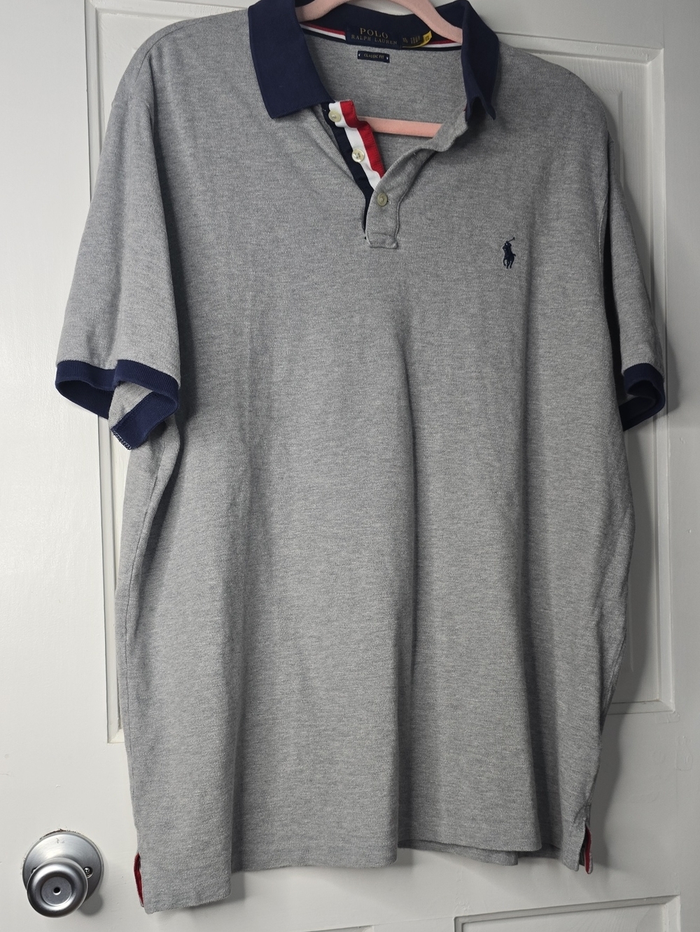 Polo by Ralph Lauren Grey Polo with Navy Trim and Red-White Stripe